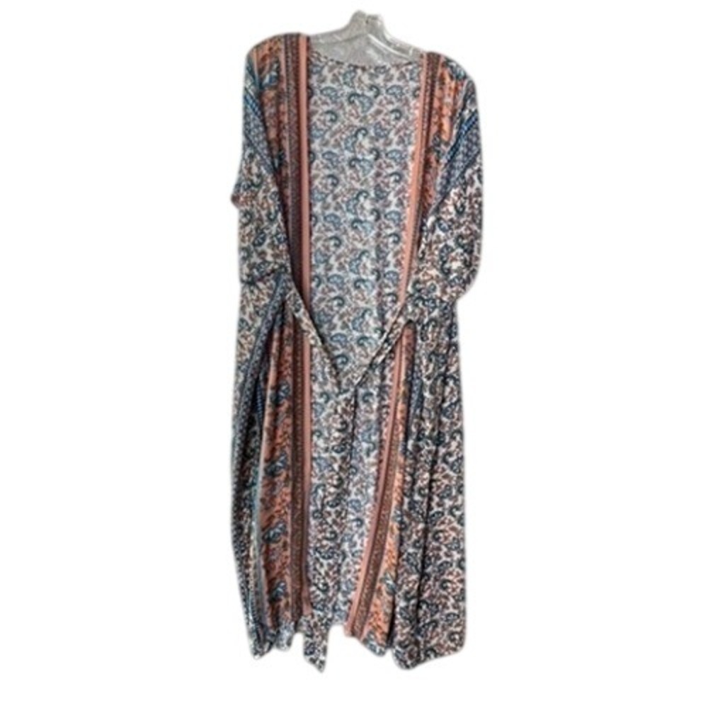 Dazy Shein Womens XL Boho Floral Paisley Kimono Cardigan Open Front Belted Blue